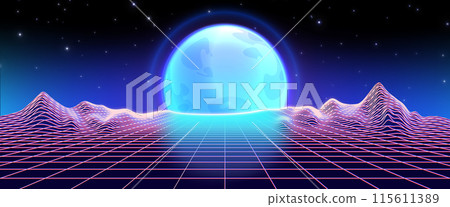 Retro synthwave bg with grid mountain and moon Retro synthwave bg with grid mountain and moon 115611389