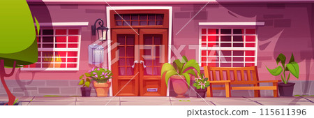 House exterior facade with wooden door and porch 115611396