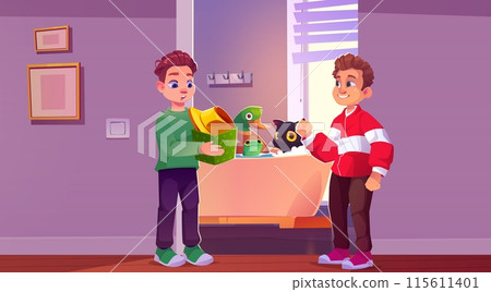 Two boys washing pets and toys in bathroom 115611401