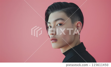 Handsome guy with shaved head and slicked back hair Handsome guy with shaved head and slicked back hair 115611450