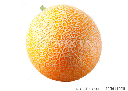 A ripe and juicy cantaloupe melon isolated on a white transparent background, highlighting its textured skin. 115611656