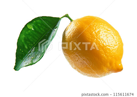 A ripe, bright yellow lemon with a fresh green leaf, suitable for food, drink, and health related topics isolated on white transparent background 115611674