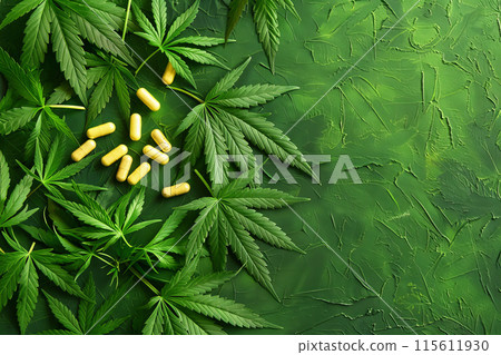 Cannabis Leaves and Capsules on Green Textured Background 115611930