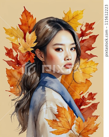 The watercolor silhouette of Asian woman with autumn yellowed fallen leaves in her hair is autumn portrait. Freedom, femininity, autumn mood, harvest, makeup, stylist, Barber, bride. AI generated 115612223