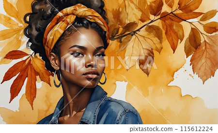 Watercolor silhouette of dark-skinned woman with autumn yellowed fallen leaves in her hair is autumn portrait. Freedom, femininity, autumn mood, harvest, makeup, stylist, Barber, bride. AI generated 115612224