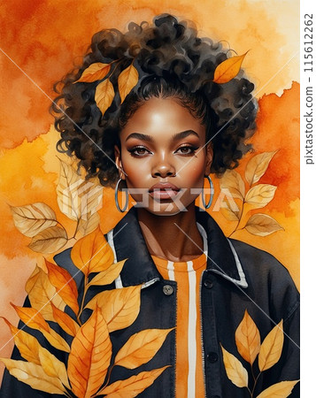 Watercolor silhouette of dark-skinned woman with autumn yellowed fallen leaves in her hair is autumn portrait. Freedom, femininity, autumn mood, harvest, makeup, stylist, Barber, bride. AI generated 115612262