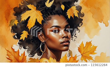 Watercolor silhouette of dark-skinned woman with autumn yellowed fallen leaves in her hair is autumn portrait. Freedom, femininity, autumn mood, harvest, makeup, stylist, Barber, bride. AI generated 115612264