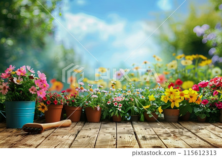 Colorful flowers and garden tools arranged neatly on a wooden table, set against a blurred natural background. Generative AI 115612313