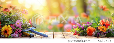 Wooden table filled with an abundance of colorful flowers, garden tools scattered around, against a blurred natural backdrop. Generative AI 115612323