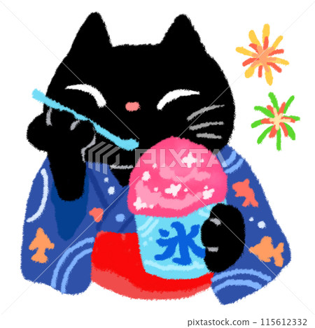 一隻黑貓在吃草莓口味的刨冰，背景是煙火 115612332