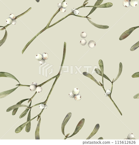 Seamless pattern of watercolor mistletoe with white berries on a light green background. Christmas pattern in botanical style, for New Year's wrapping paper, textile, cards, digital or print designs 115612626
