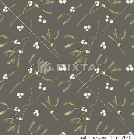 Seamless pattern of watercolor mistletoe with white berries on a dark gray background. Christmas pattern in botanical style, for New Year's wrapping paper, textile, cards, digital or print designs 115612628