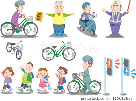 Traffic safety <Illustrations for traffic safety awareness: children, bicycles, traffic instructors, traffic control, scooters> 115612655