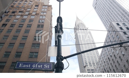 New York City crossroad, street intersection road sign. Chrysler building, Midtown Lexington avenue. 115612670