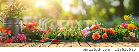 Wooden table covered in various colorful flowers and garden tools, set against a blurred natural background. Generative AI Wooden table covered in various colorful flowers and garden tools, set against a blurred natural background. Generative AI 115612689