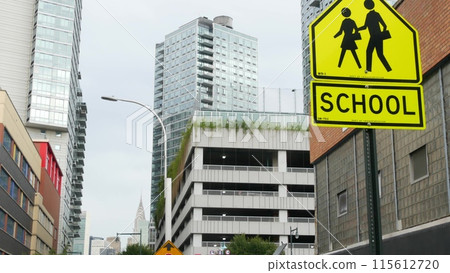 School zone yellow road sign, pedestrian crossing. Children safety on street, Queens, New York City. School zone yellow road sign, pedestrian crossing. Children safety on street, Queens, New York City. 115612720