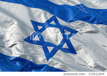 The national flag of Israel waving in the wind, close-up view with the Star of David visible. 3D render. Generative AI 115612844