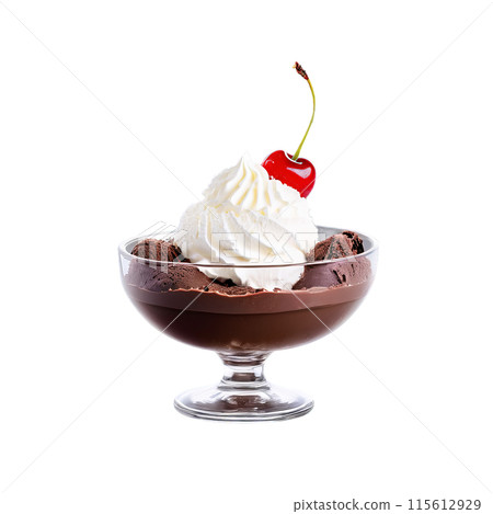 Chocolate ice cream in a classic glass sundae dish topped with whipped cream chocolate shavings 115612929