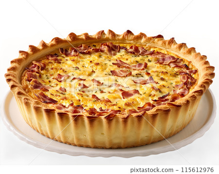 Quiche Lorraine buttery flaky pastry crust filled with creamy egg custard smoky bacon lardons 115612976
