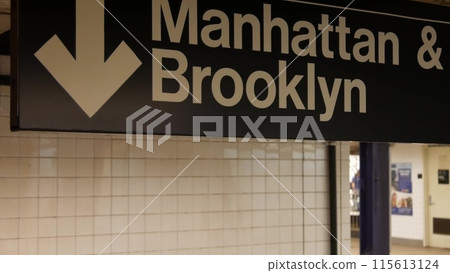 New York subway station interior, Manhattan text sign. Underground metropolitan. United States metro 115613124