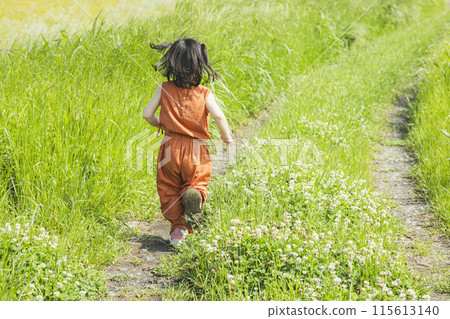 Cute girl running on the grass 115613140