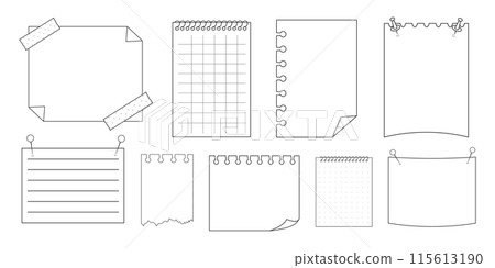 Memo sticky note reminder sheet paper. Doodle paper frame, check list with pin, tape, paperclip elements. Set cute notes, office or school messages. 115613190