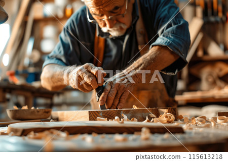 Elderly artisan carefully shapes a wooden piece, surrounded by tools and shavings 115613218