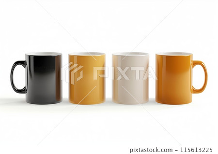 Collection of four empty coffee mugs in different colors aligned on a clean white surface 115613225