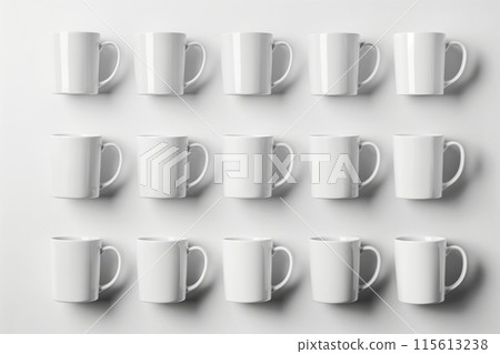 Clean array of white mugs on a subtle backdrop, perfect for minimalist designs 115613238