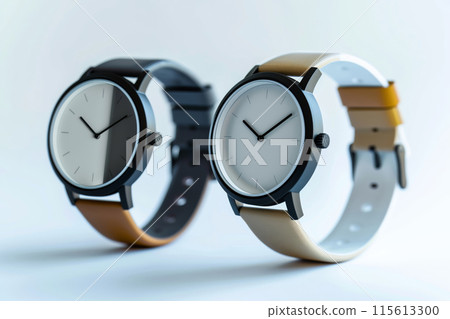 Elegant trio of contemporary wristwatches with leather straps, showcasing minimalistic design 115613300