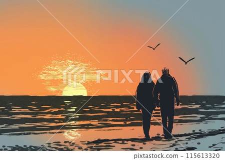 Silhouetted couple enjoying a romantic walk on the beach at sunset with birds flying 115613320