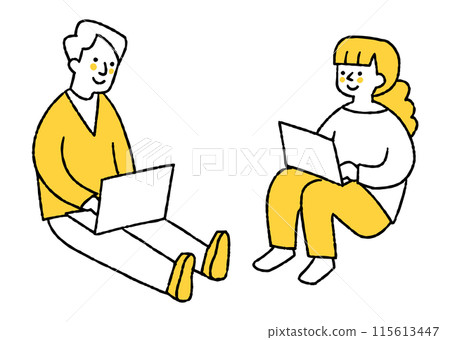 一個男人和一個女人坐在地上在電腦上工作 115613447