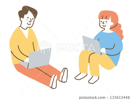 Men and women sitting on the ground and working on computers_color 115613448