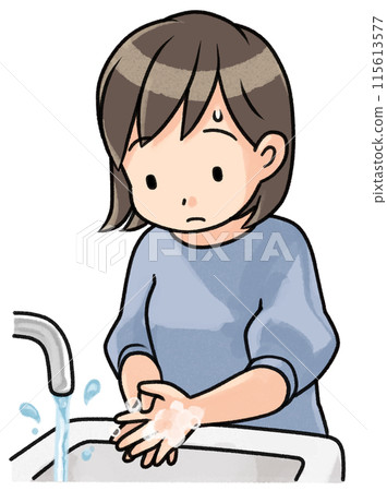 A woman washing her hands with a slightly troubled look 115613577