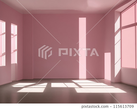 Beautiful blank wall background image of an empty space with sunlight. Wood floor for design or creative work. 115613709