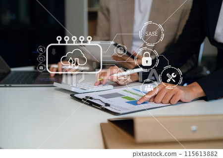 Business team analyze planning, password, network, framework and support technology in office. 115613882