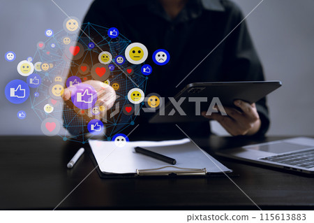 Social media digital in virtual icon globe shape business open his hand, working touch screen tablet. 115613883