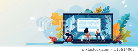 Diverse group of individuals sitting in a circle, engaged in a conference or presentation displayed on a large screen in front of them. Generative AI 115614005