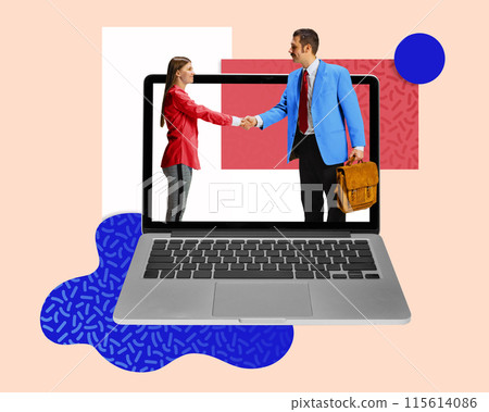 Contemporary art collage. Two professionals shake hands, emerging from laptop screen. Technology in modern agreements. Contemporary art collage. Two professionals shake hands, emerging from laptop screen. Technology in modern agreements. 115614086