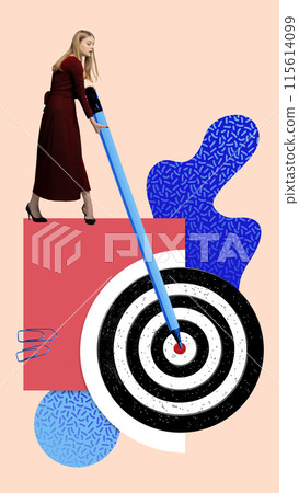 Contemporary art collage. businesswoman using giant blue pencil to mark bullseye on target, symbolizing precision, focus. Achievements. Contemporary art collage. businesswoman using giant blue pencil to mark bullseye on target, symbolizing precision, focus. Achievements. 115614099