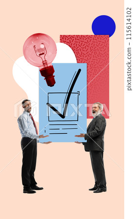 Contemporary art collage. Two businessmen stand on either side of large document with check mark, under glowing red light bulb. Innovative business ideas and partnership. 115614102