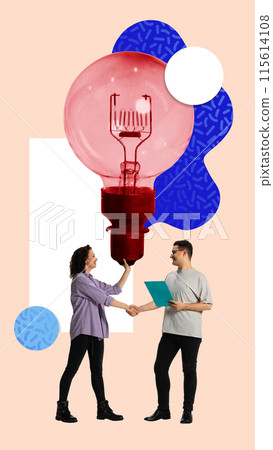 Contemporary art collage. Two colleagues shake hands beneath giant red light bulb, symbolizing spark of innovative ideas and successful collaboration Contemporary art collage. Two colleagues shake hands beneath giant red light bulb, symbolizing spark of innovative ideas and successful collaboration 115614108