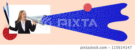 Contemporary art collage. businesswoman enthusiastically speaks through megaphone, with vibrant patterns amplifying her voice 115614147