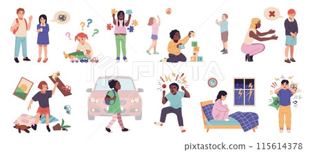 Autistic kids. Special boys and girls, hyperactivity, isolation, love of puzzles, communication problems, autistic spectrum disorder. Childish behavior cartoon flat isolated tidy vector set 115614378