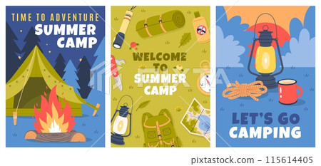 Camping and hiking elements. Traveling advertising, trip to nature, survival in forest, tourism and picnic equipment posters, journey banner, cartoon flat style isolated vector cards set 115614405