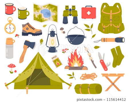 Cartoon camping elements. Summer hiking items, picnic and recreation outdoors, tent, campfire, backpack and map, survival kit, forest adventures, leisure tine on nature, vector flat isolated set 115614412