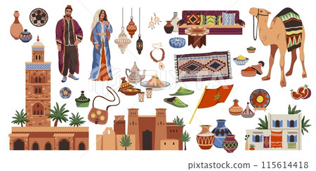 Cartoon morocco elements. Touristic travel, national flavor, man, woman in traditional clothes, arabic food, architecture, tableware and interior items and souvenirs, tidy vector isolated set Cartoon morocco elements. Touristic travel, national flavor, man, woman in traditional clothes, arabic food, architecture, tableware and interior items and souvenirs, tidy vector isolated set 115614418