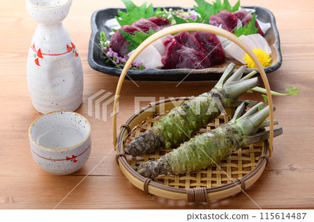 Minke whale sashimi with real wasabi (fresh wasabi) Minke whale sashimi with real wasabi (fresh wasabi) 115614487