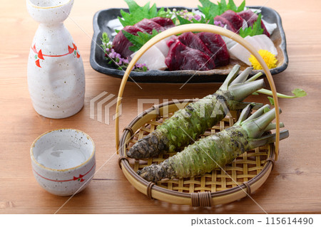 Minke whale sashimi with real wasabi (fresh wasabi) Minke whale sashimi with real wasabi (fresh wasabi) 115614490