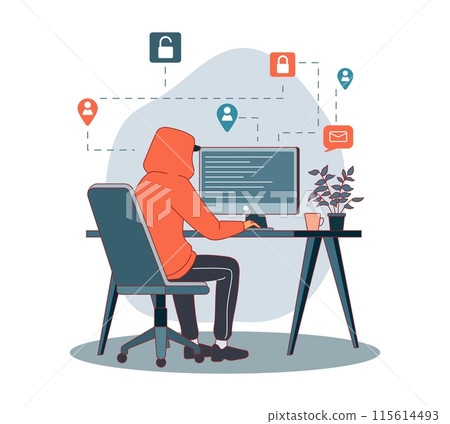 Hacker cracking passwords. Guy in hood sitting at monitor, writing program, cyber criminal, data theft, information and money theft, cartoon flat style isolated vector criminality concept Hacker cracking passwords. Guy in hood sitting at monitor, writing program, cyber criminal, data theft, information and money theft, cartoon flat style isolated vector criminality concept 115614493